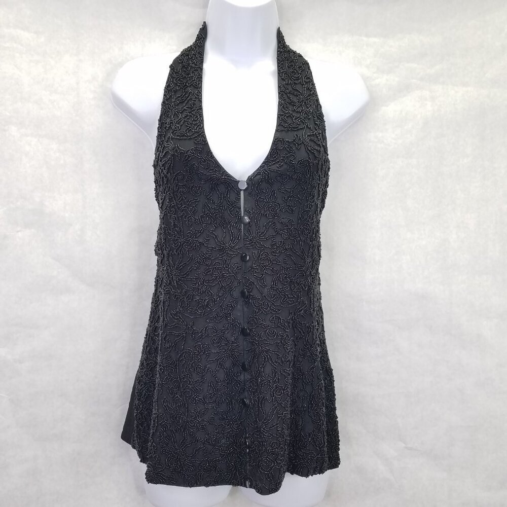 Vtg Kenar Studios Beaded Vest Women L Black Party Halter Top Button Front V-Neck